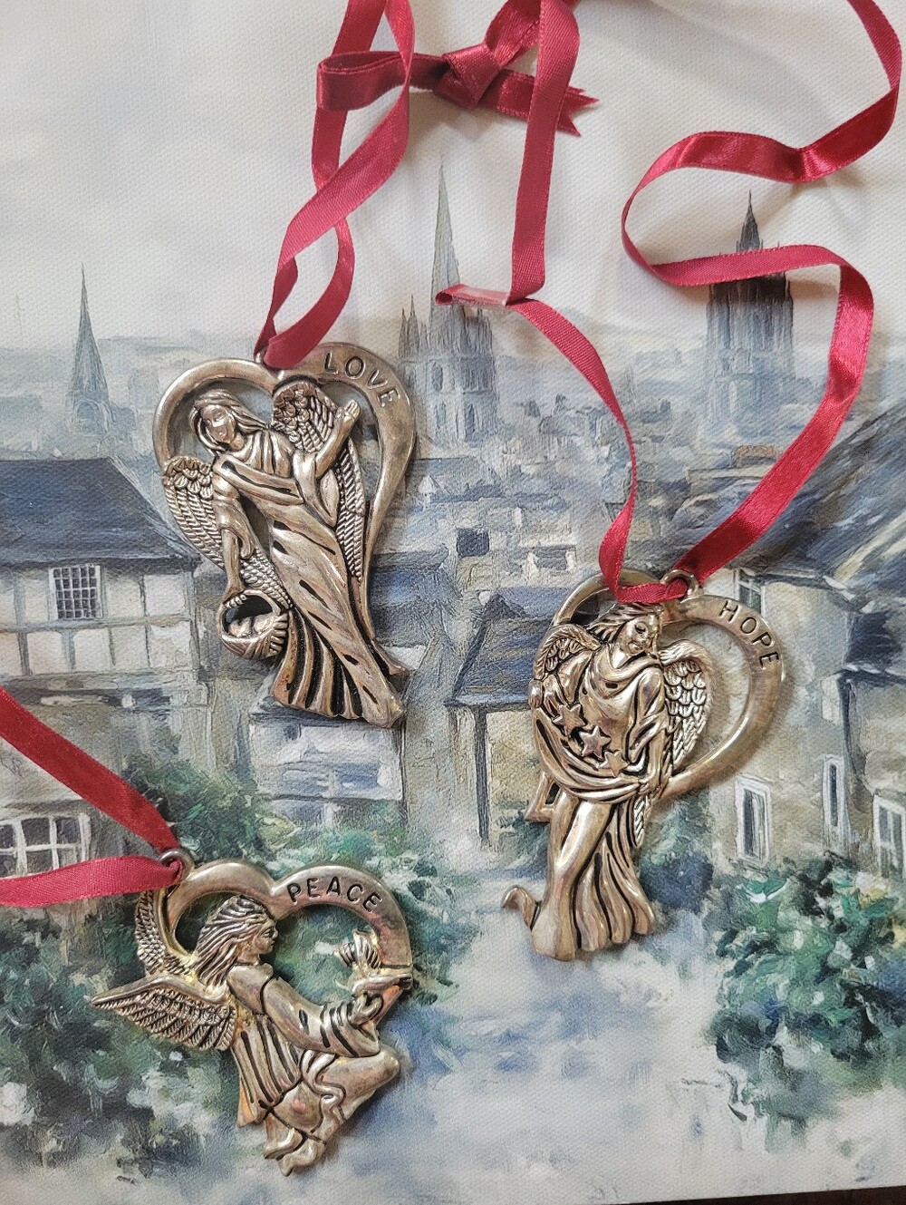 Gorhan Silverplate Angel Ornaments Peace Love Hope Burgundy Ribbons